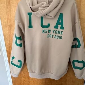 SHEIN Beige Hoodie with Green Collegiate Print - Men